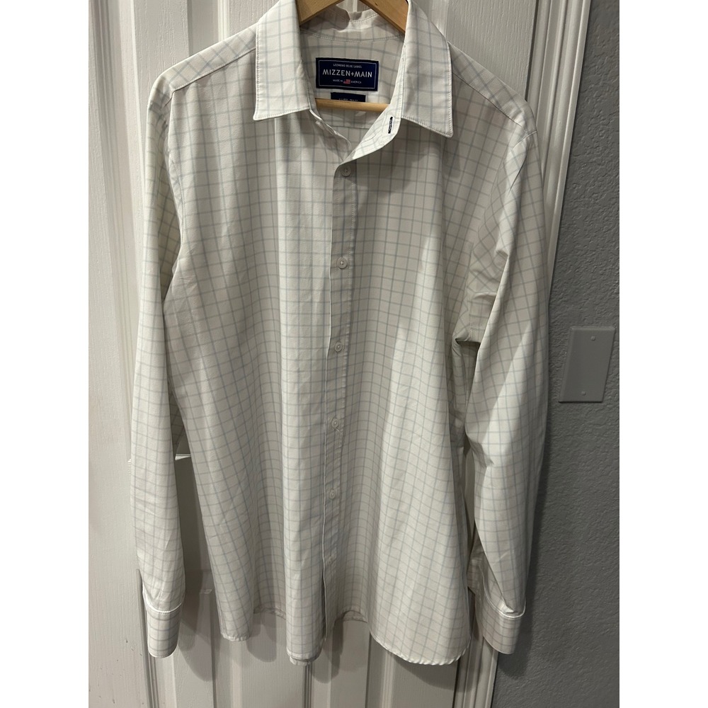 Mizzen+Main Leeward Blue Label Trim‎ Fit Dress Shirt White Blue Check XL